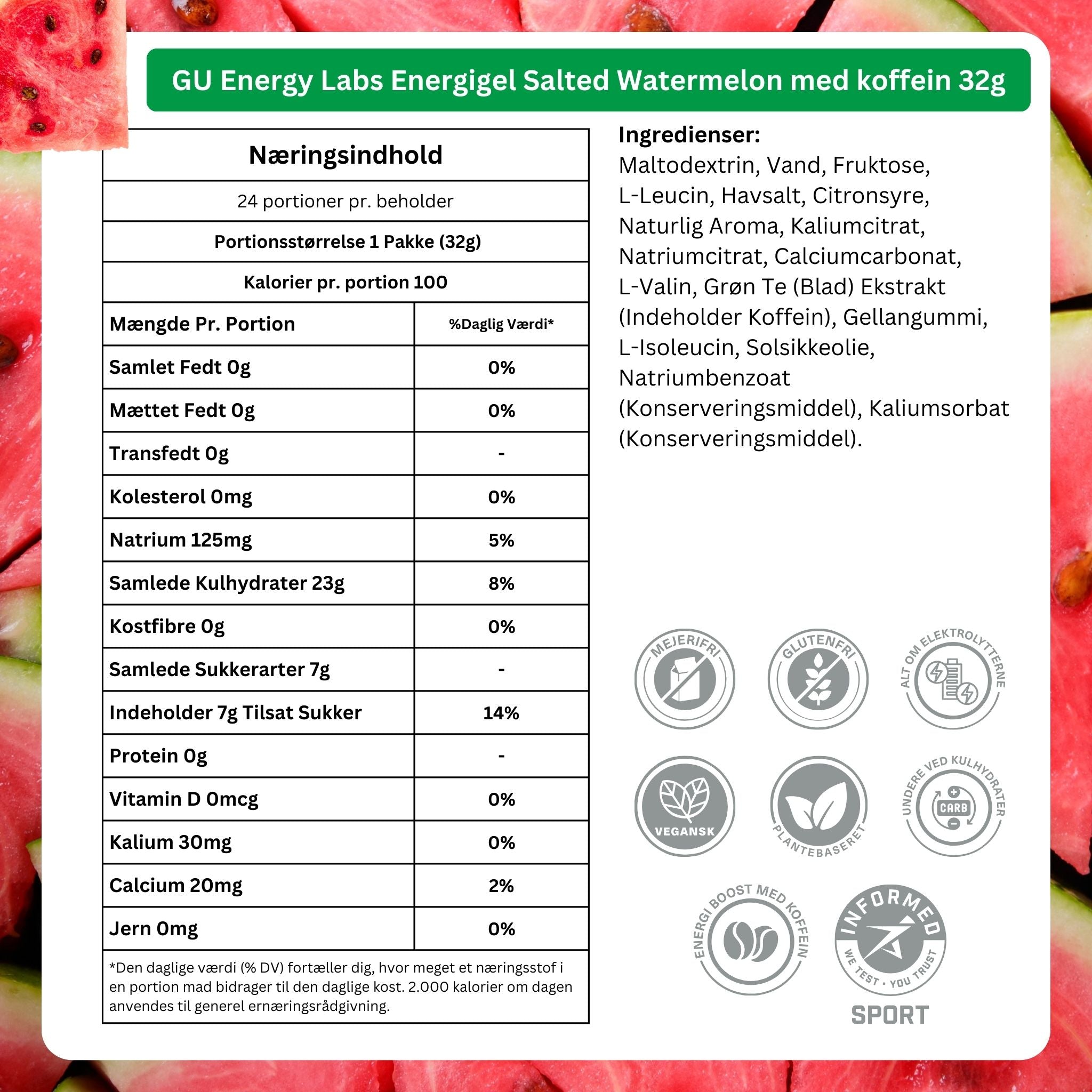 GU Energy Energigel saltad vattenmelon med koffein (24 x 32 g)