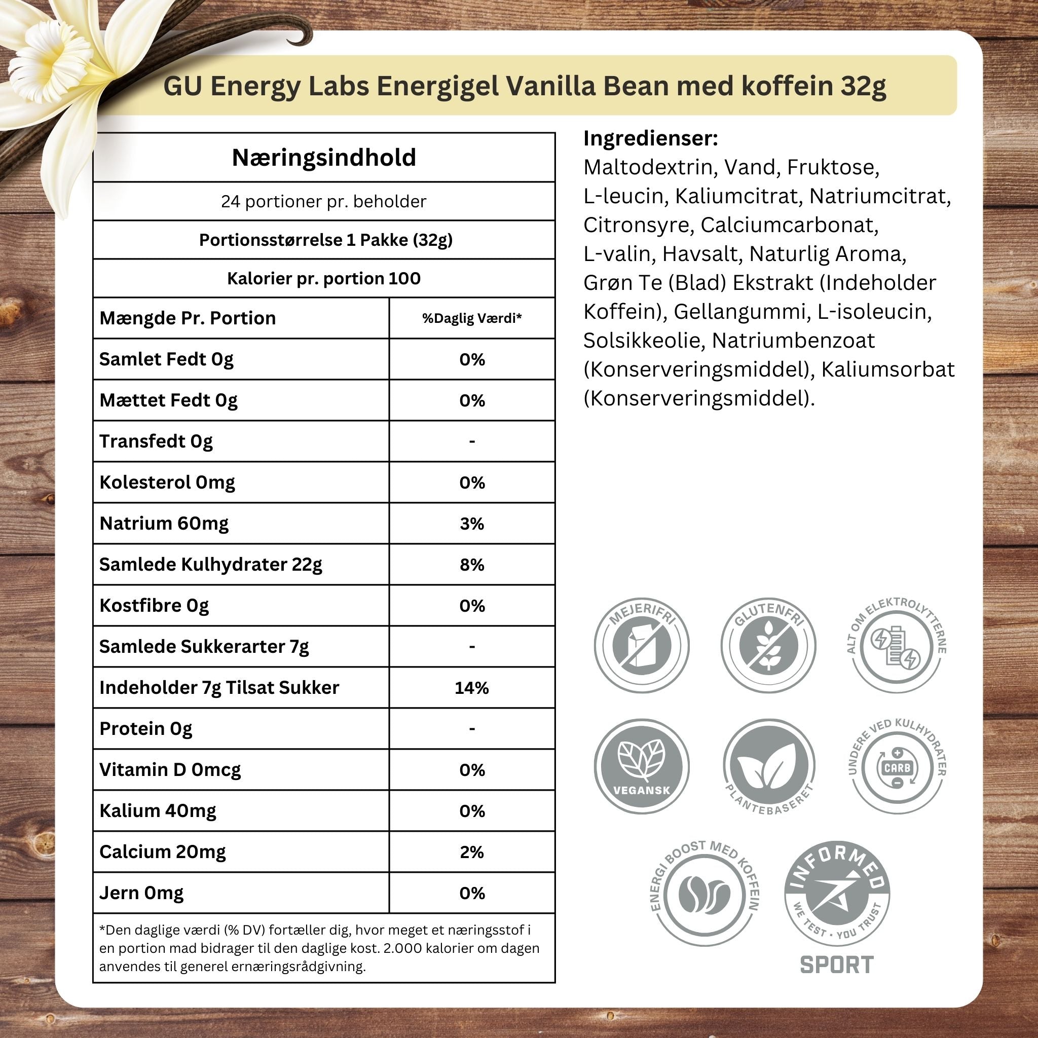 GU Energy Energigel Vaniljböna med koffein (24 x 32g)