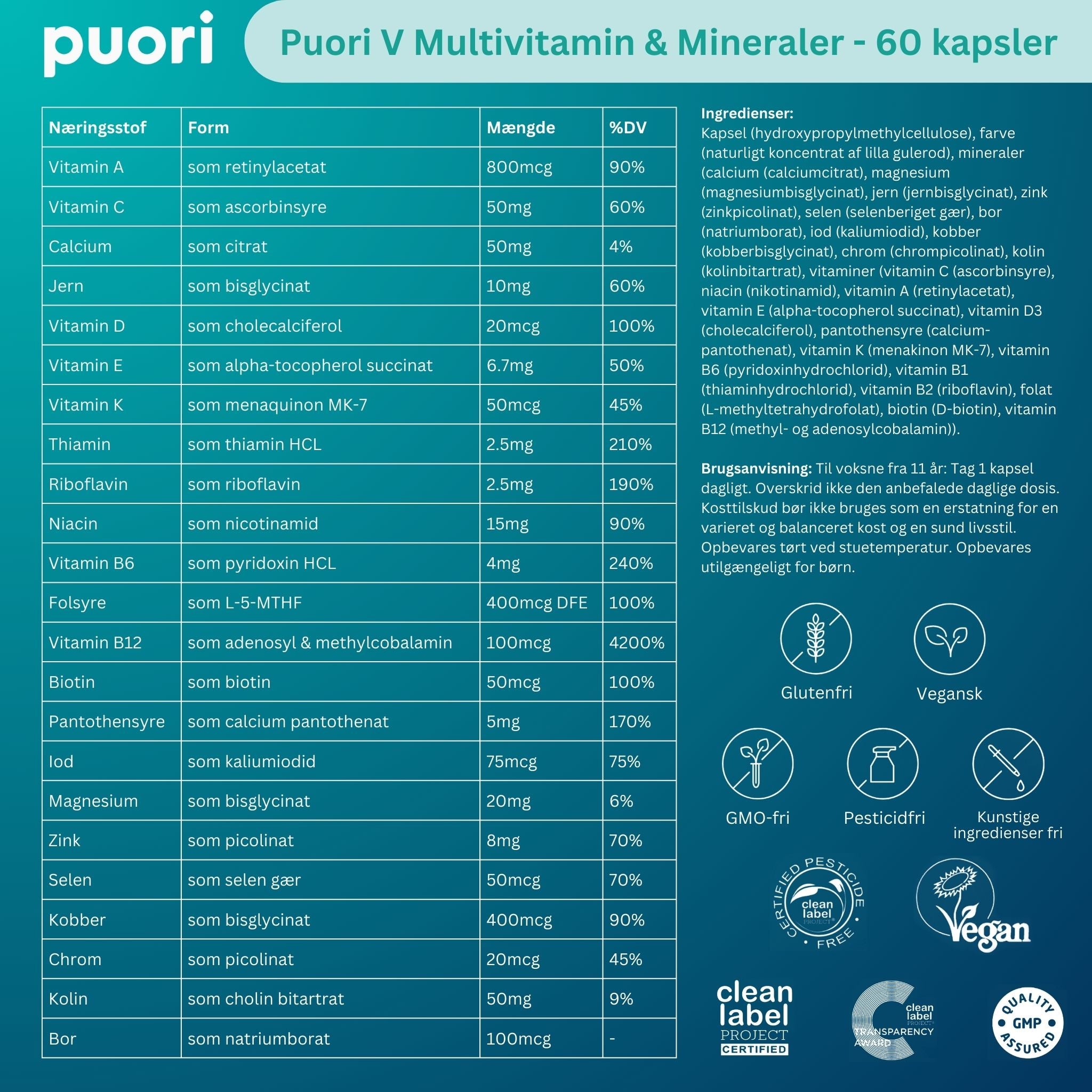 PUORI Vitamin V - Multivitamin och mineraler (60 kapslar)