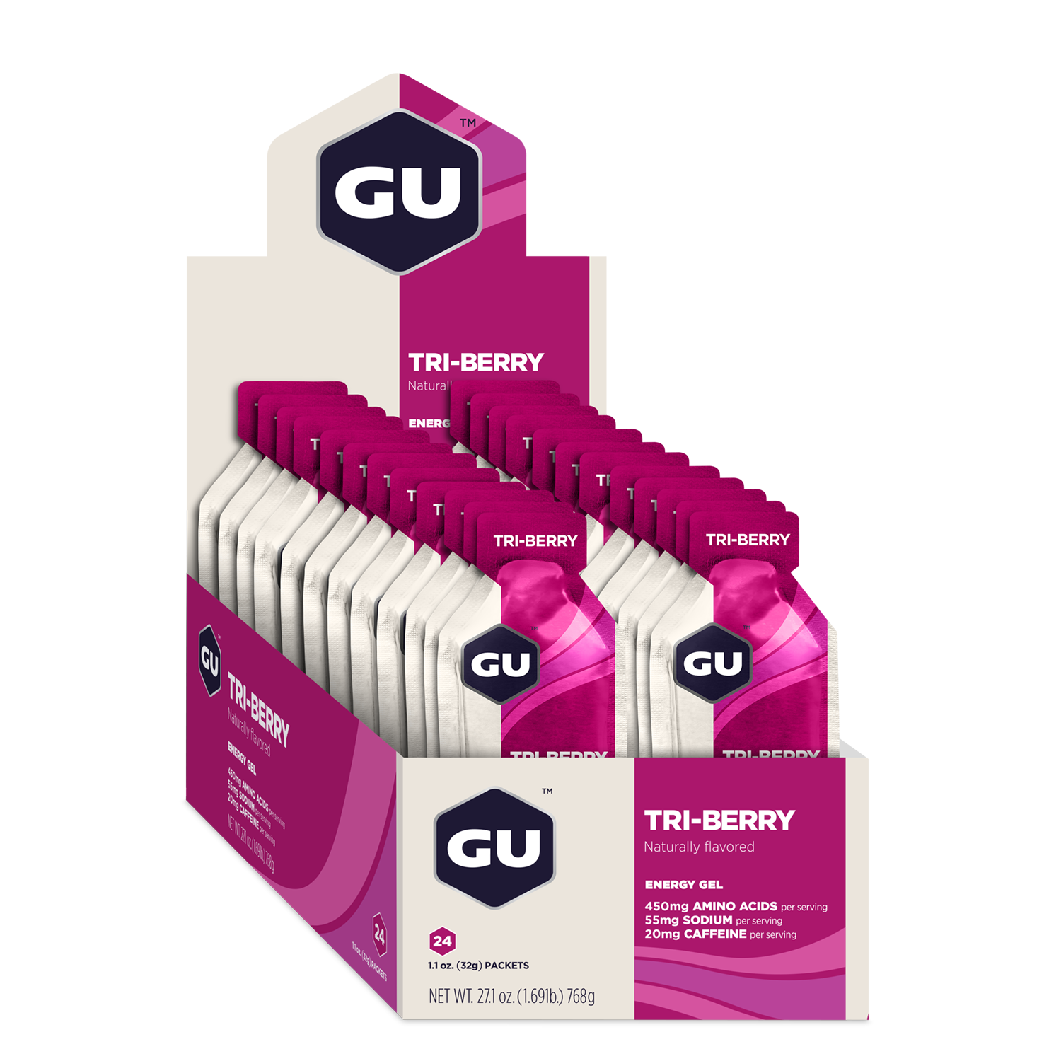 GU Energy Energy Gel Tri-berry med koffein (24 x 32 g)