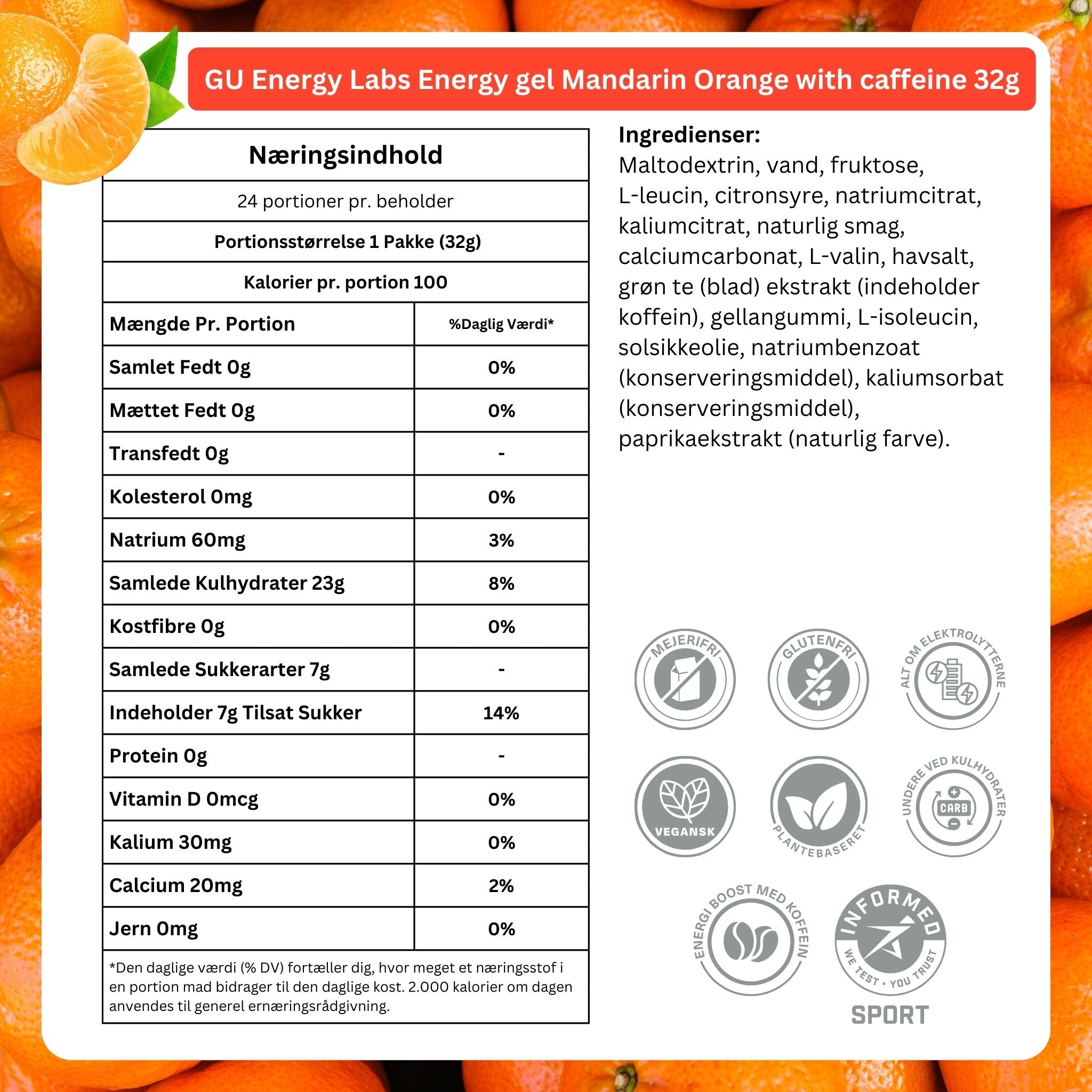 GU Energy Energigel Mandarin Orange med koffein (24 x 32 g)