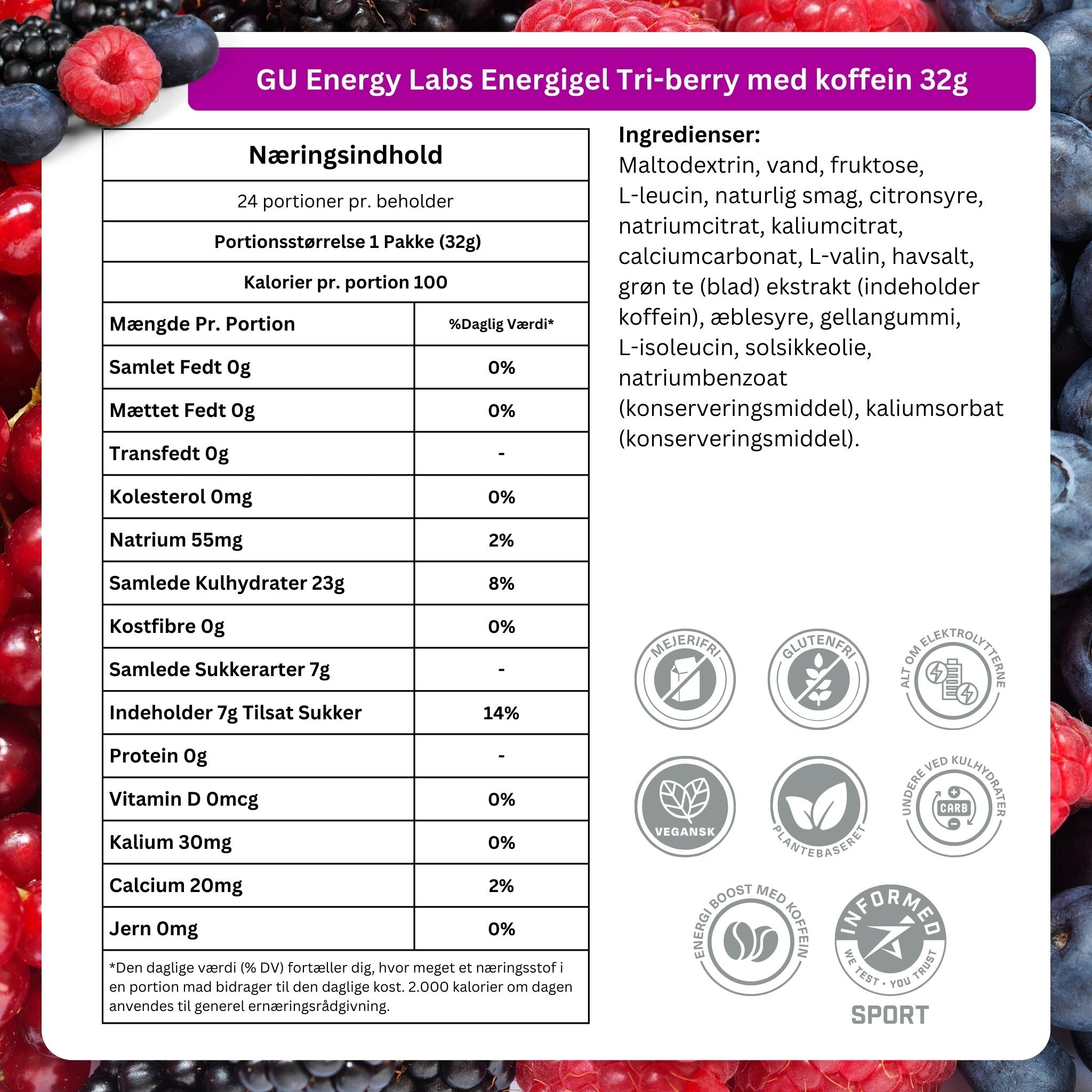 GU Energy Energy Gel Tri-berry med koffein (24 x 32 g)
