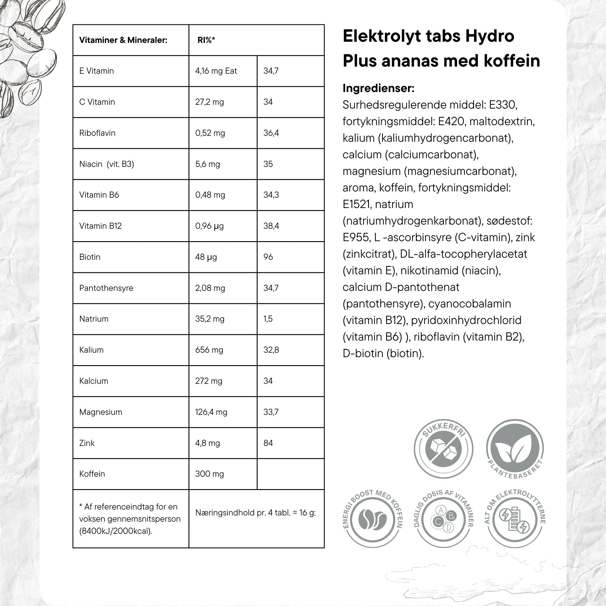 PurePower Electrolyte Tabs Ananas med koffein (20 tabs)