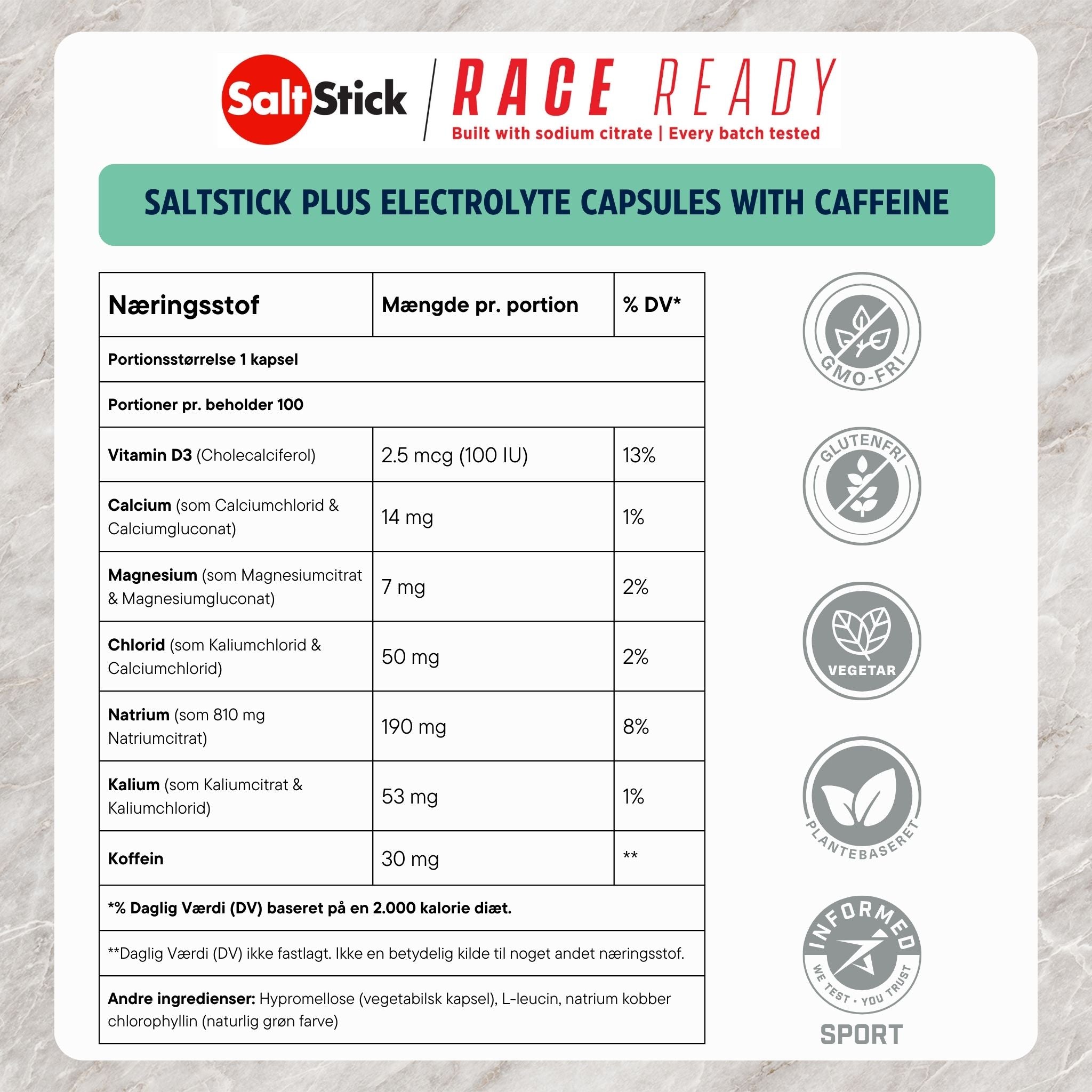 SaltStick PLUS Elektrolytkapslar med koffein (100 kapslar)